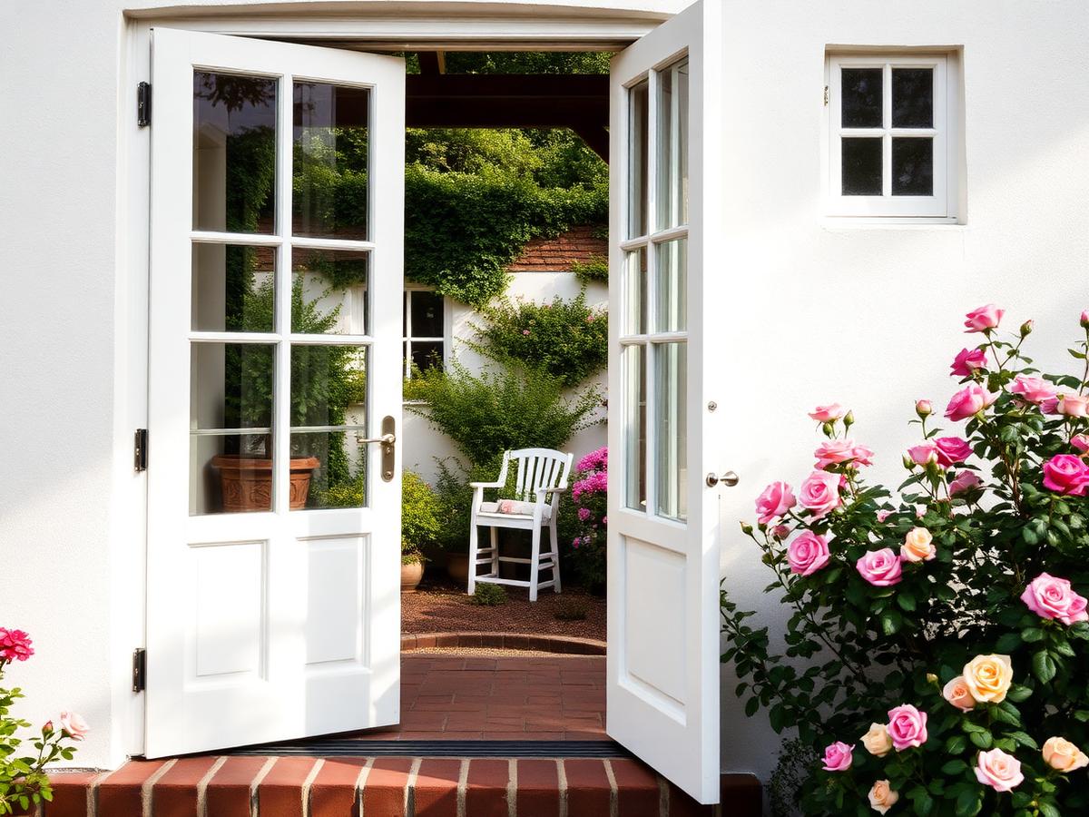 White French doors open to a garden