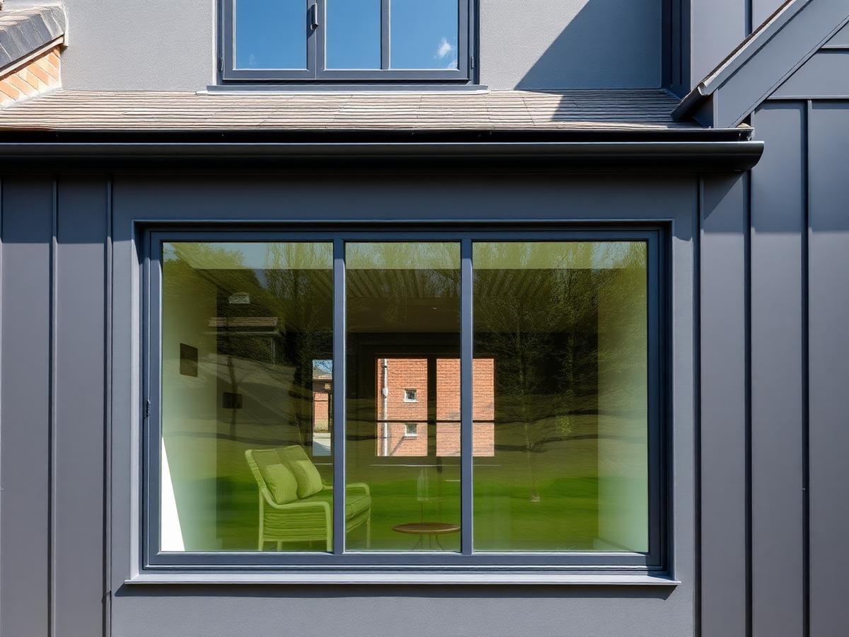 Slim anthracite grey aluminium windows on a modern British extension