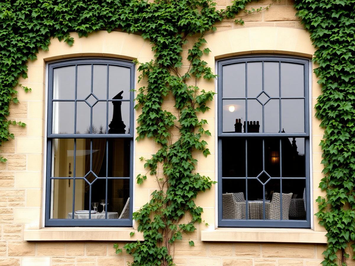 Heritage steel-look slim frame windows with leaded detail on a British period property